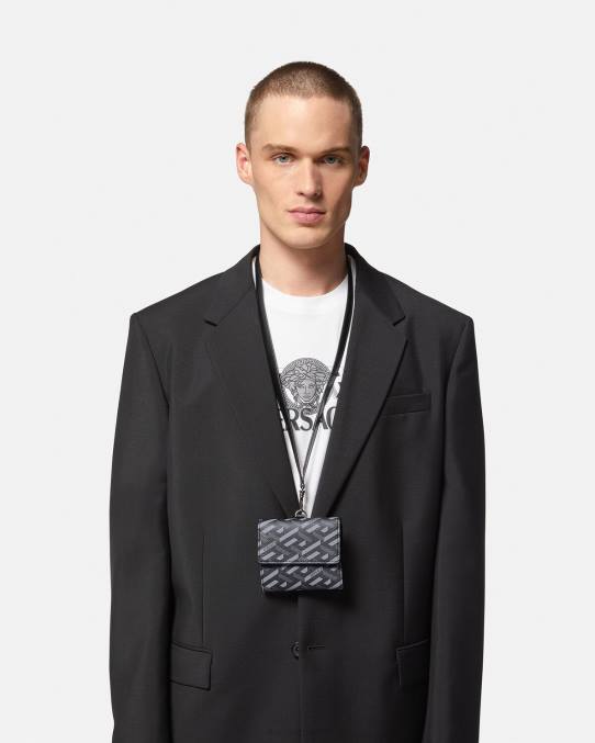 Versace accesorios hombres cartera triple con firma la greca 6BPV1653 negro y gris