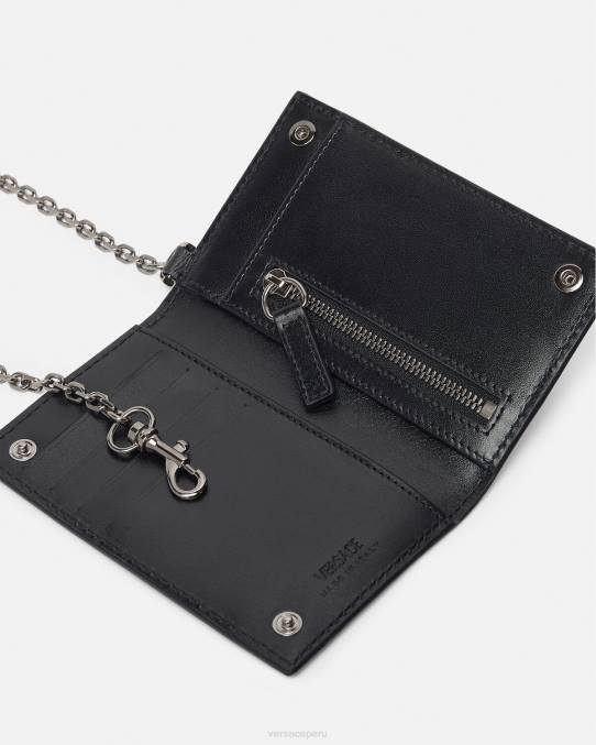 Versace accesorios hombres tarjetero con cadena y firma la greca 6BPV1652 negro y gris