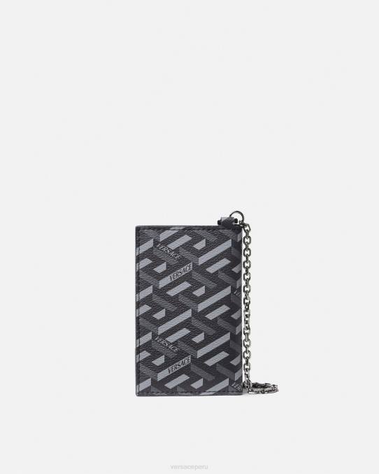Versace accesorios hombres tarjetero con cadena y firma la greca 6BPV1652 negro y gris