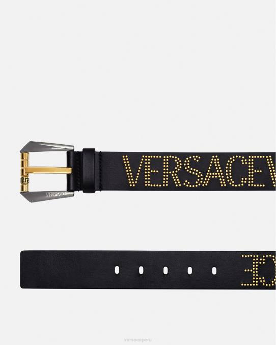 Versace accesorios hombres cinturón de cuero con logo y tachuelas 6BPV1627 oro negro