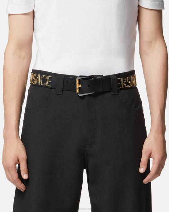 Versace accesorios hombres cinturón de cuero con logo y tachuelas 6BPV1627 oro negro