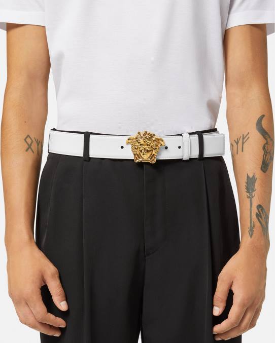 Versace accesorios hombres cinturón de piel de medusa 6BPV1622 Oro blanco