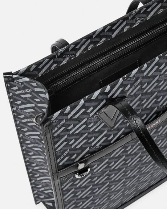 Versace bolsas hombres bolso tote alto con firma la greca 6BPV1476 negro y gris