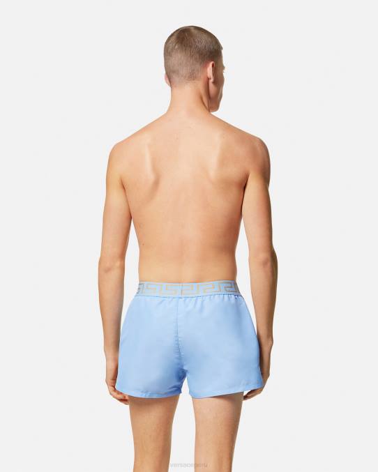 Versace ropa interior y ropa de playa hombres shorts de baño con borde de greca 6BPV1796 azul claro