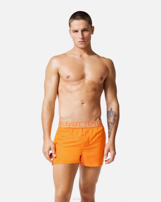 Versace ropa interior y ropa de playa hombres shorts de baño con borde de greca 6BPV1812 naranja