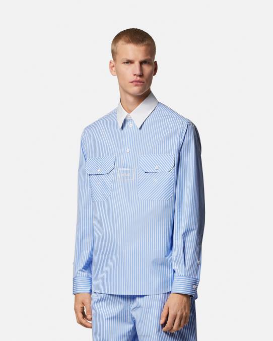 Versace ropa hombres camisa a rayas con logo 6BPV1295 azul claro