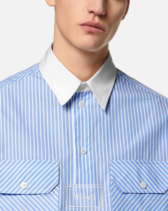 Versace ropa hombres camisa a rayas con logo 6BPV1295 azul claro