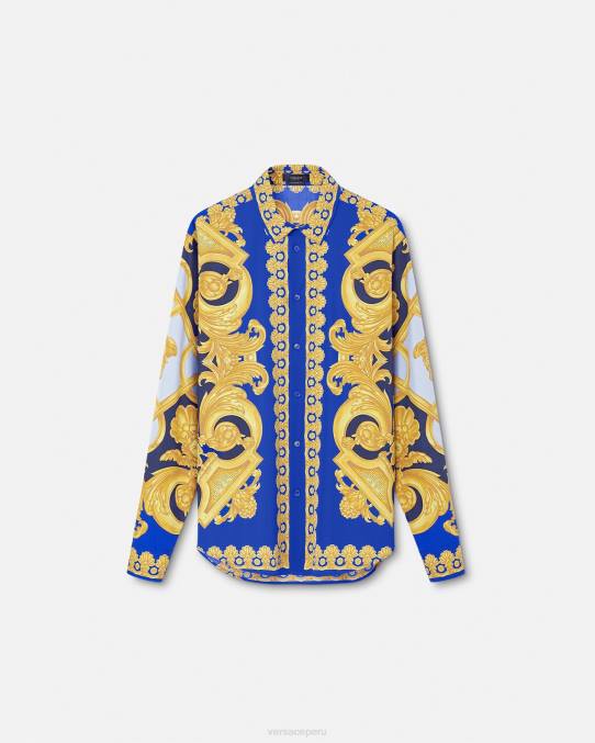 Versace ropa hombres camisa barroco 660 de algodón 6BPV1321 azul y oro