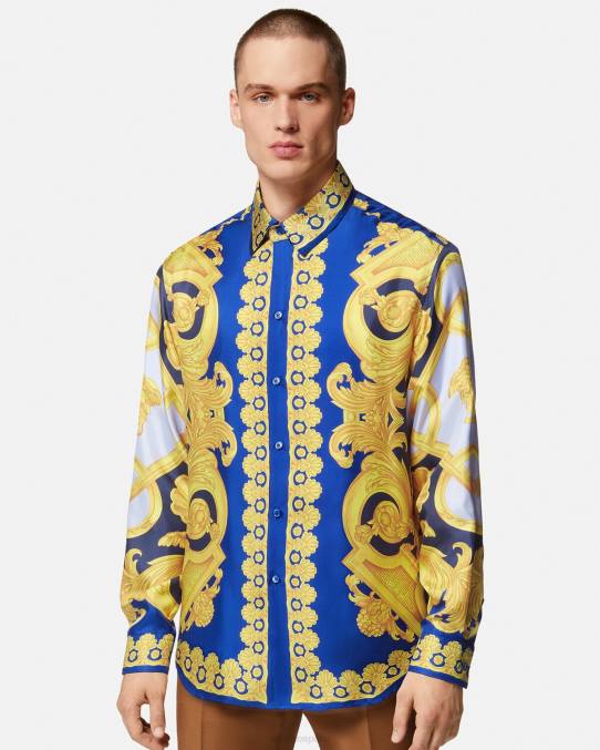 Versace ropa hombres camisa barroco 660 de algodón 6BPV1321 azul y oro