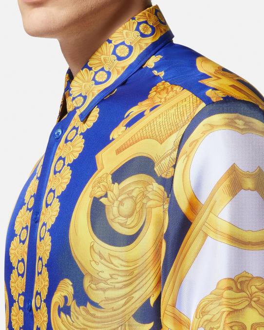 Versace ropa hombres camisa barroco 660 de algodón 6BPV1321 azul y oro
