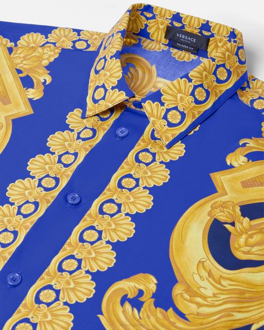 Versace ropa hombres camisa barroco 660 de algodón 6BPV1321 azul y oro