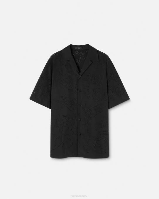 Versace ropa hombres camisa barroco cortada con láser 6BPV1323 negro