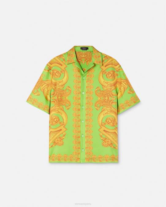 Versace ropa hombres camisa de seda barroco 660 6BPV1317 oro y verde