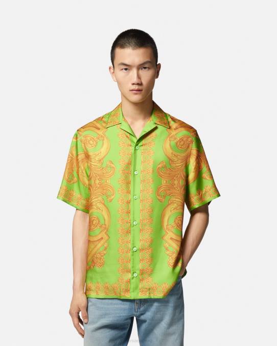 Versace ropa hombres camisa de seda barroco 660 6BPV1317 oro y verde