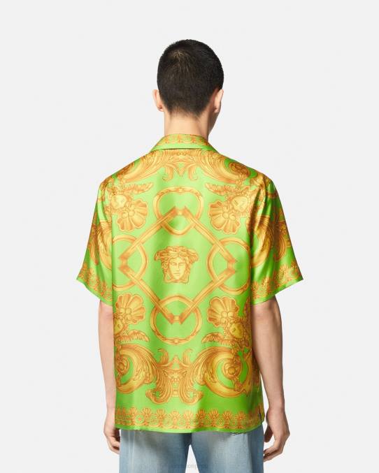 Versace ropa hombres camisa de seda barroco 660 6BPV1317 oro y verde