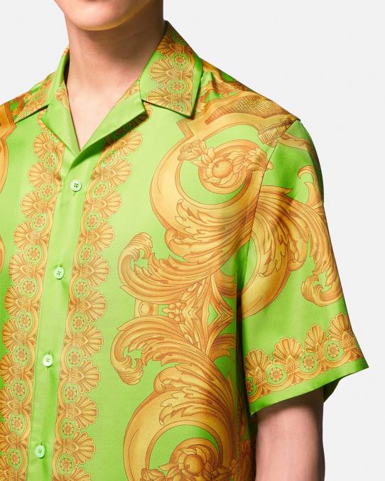 Versace ropa hombres camisa de seda barroco 660 6BPV1317 oro y verde