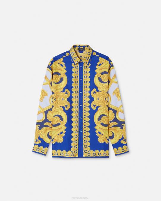 Versace ropa hombres camisa de seda barroco 660 6BPV1318 azul y oro