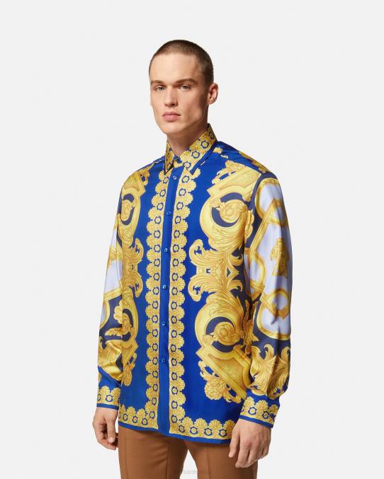 Versace ropa hombres camisa de seda barroco 660 6BPV1318 azul y oro