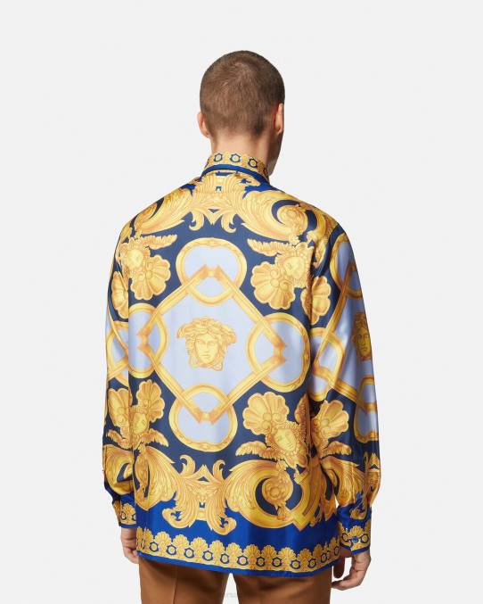 Versace ropa hombres camisa de seda barroco 660 6BPV1318 azul y oro