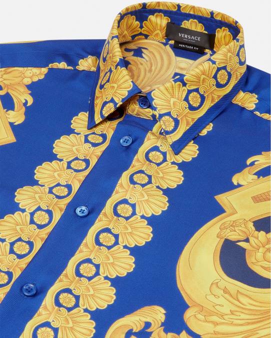 Versace ropa hombres camisa de seda barroco 660 6BPV1318 azul y oro