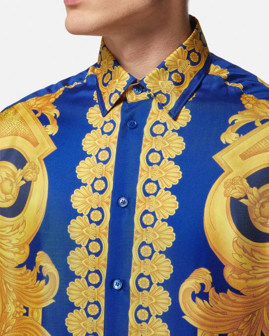 Versace ropa hombres camisa de seda barroco 660 6BPV1318 azul y oro
