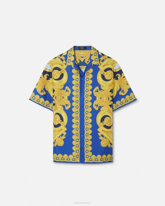 Versace ropa hombres camisa de seda barroco 660 6BPV1319 azul y oro