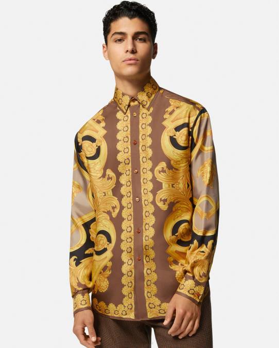 Versace ropa hombres camisa de seda barroco 660 6BPV1320 marrón y dorado