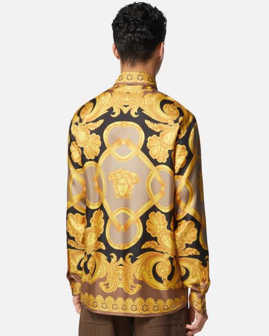 Versace ropa hombres camisa de seda barroco 660 6BPV1320 marrón y dorado