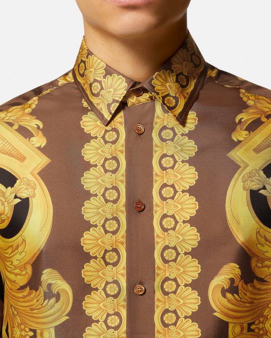 Versace ropa hombres camisa de seda barroco 660 6BPV1320 marrón y dorado