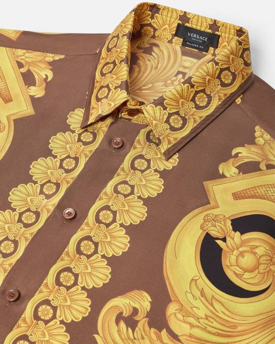Versace ropa hombres camisa de seda barroco 660 6BPV1320 marrón y dorado