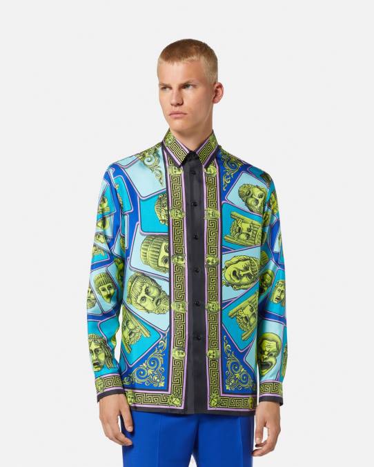 Versace ropa hombres camisa de seda le maschere 6BPV1305 imprimir