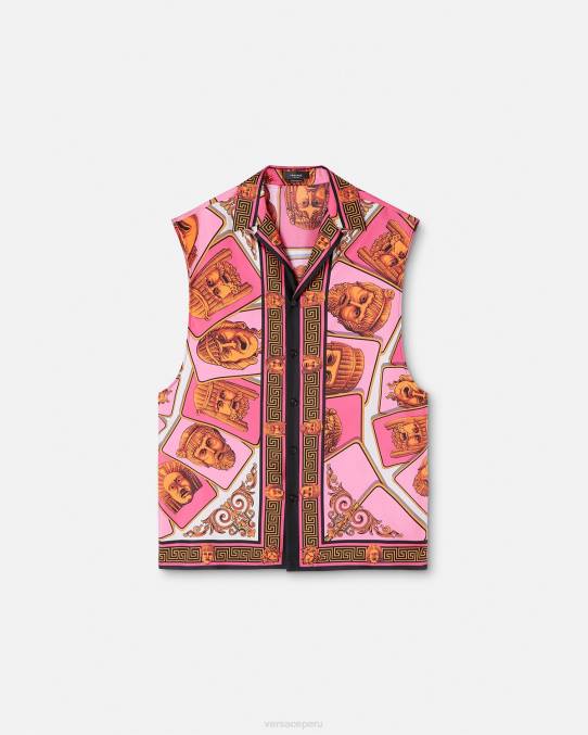 Versace ropa hombres le maschere camisa de seda sin mangas 6BPV1304 rosa y estampado