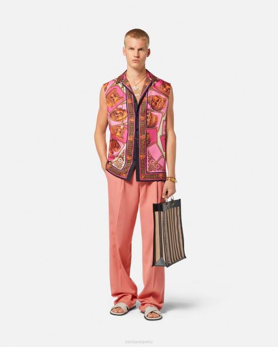 Versace ropa hombres le maschere camisa de seda sin mangas 6BPV1304 rosa y estampado