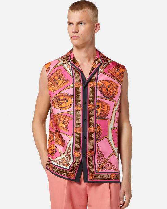 Versace ropa hombres le maschere camisa de seda sin mangas 6BPV1304 rosa y estampado