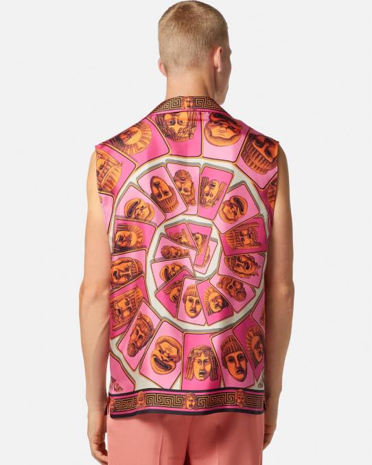 Versace ropa hombres le maschere camisa de seda sin mangas 6BPV1304 rosa y estampado