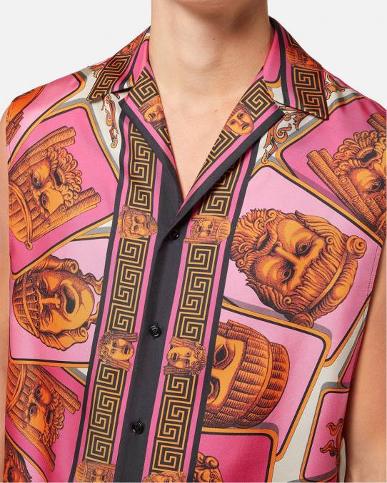 Versace ropa hombres le maschere camisa de seda sin mangas 6BPV1304 rosa y estampado