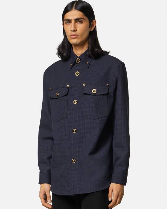 Versace ropa hombres sobrecamisa con estampado de pata de gallo y medusa 6BPV1322 azul