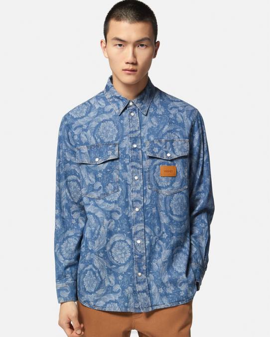 Versace ropa hombres sobrecamisa de mezclilla en jacquard barroco 6BPV1299 Plano