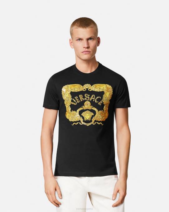 Versace ropa hombres camiseta con bordado de conchas barrocas 6BPV1363 negro