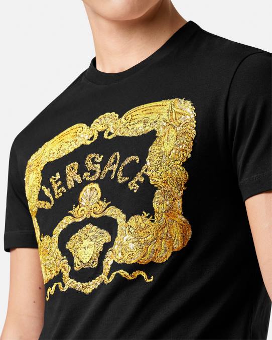 Versace ropa hombres camiseta con bordado de conchas barrocas 6BPV1363 negro