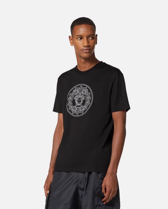Versace ropa hombres camiseta con bordado de medusa 6BPV1396 negro