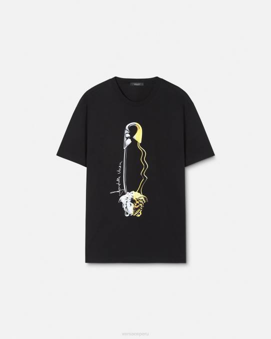 Versace ropa hombres camiseta con estampado de imperdible 6BPV1400 negro