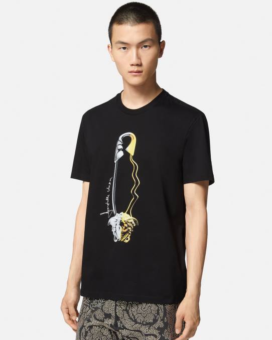 Versace ropa hombres camiseta con estampado de imperdible 6BPV1400 negro