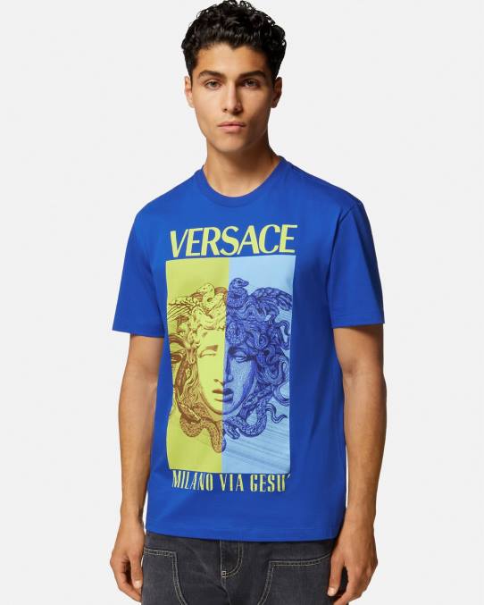 Versace ropa hombres camiseta con estampado de medusa 6BPV1411 azul