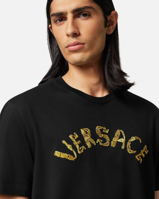 Versace ropa hombres camiseta con logo barroco de conchas marinas 6BPV1359 negro