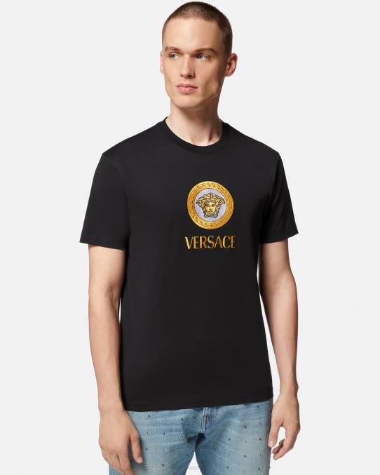 Versace ropa hombres camiseta con logo de medusa bordado 6BPV1399 negro