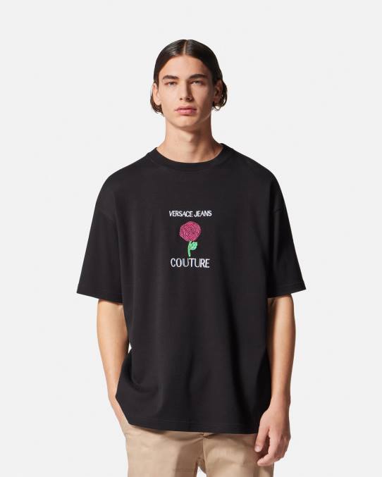 Versace ropa hombres camiseta con logo de rosas 6BPV2372 negro