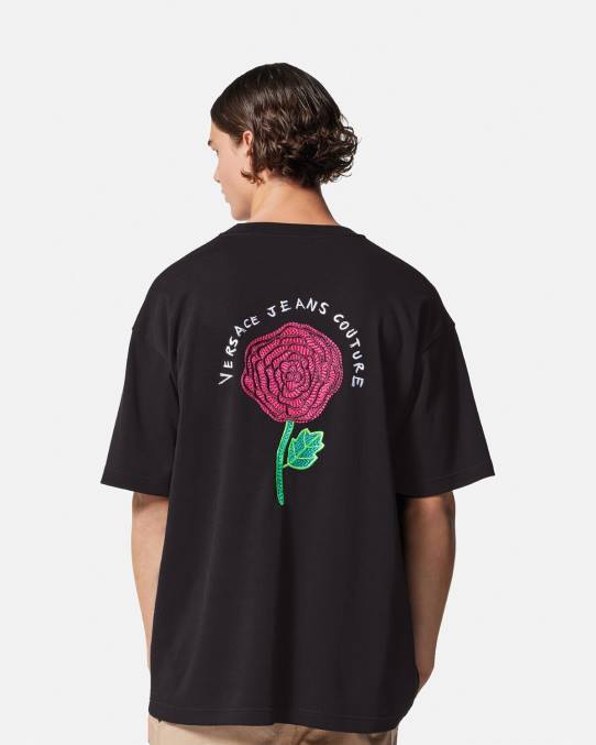Versace ropa hombres camiseta con logo de rosas 6BPV2372 negro