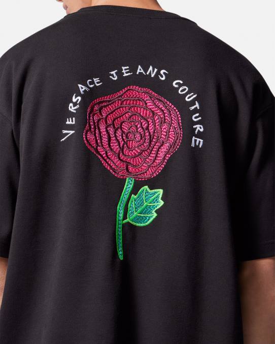 Versace ropa hombres camiseta con logo de rosas 6BPV2372 negro
