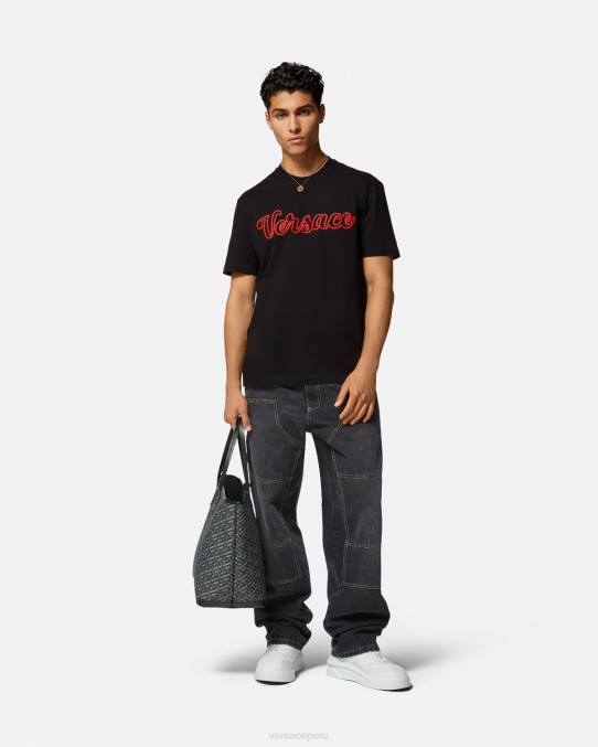 Versace ropa hombres camiseta con logo universitario bordado 6BPV1404 negro